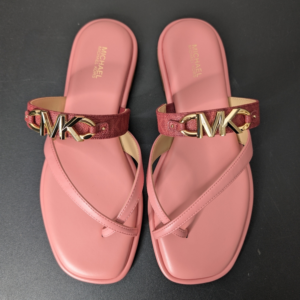 Michael Kors Izzy Rose Pink MK Logo Toe-Loop Slide Sandals